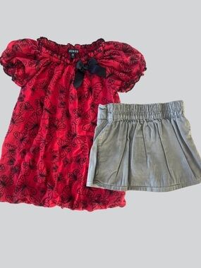 Butterfly Puff Sleeve Top and Silver Skirt Set